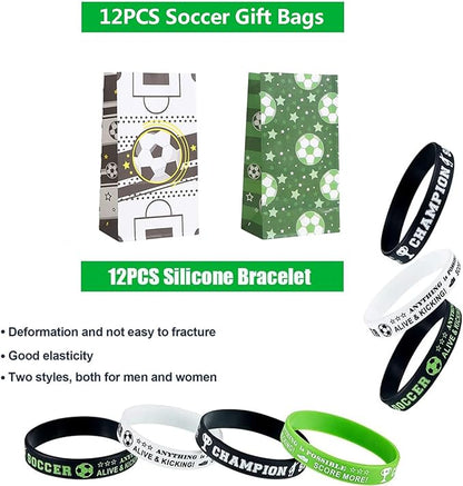 134 Pcs Soccer Party Favors Set Soccer Theme Party Soccer Gift Bags Soccer Silicone Ring Soccer Keychain Silicone Bracelet Whistle Stickers Tattoo Stickers Clap Bracelet for Soccer Themed Party