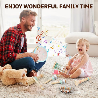 LeeQee Montessori Toys for 1 2 3 Year Old - Wooden Toys Baby Musical Instruments, Neutral Colors Percussion Instruments Set with Modern Boho Xylophone for Toddlers 3+ Music Education
