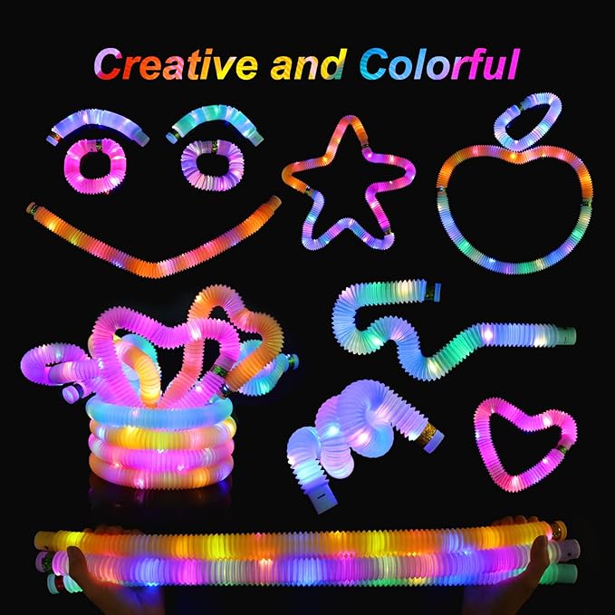 Light Up Pop Fidget Tubes Party Favors for Kids, 12 Pack Glow in The Dark Party Supplies Toddler Sensory Toys, Large Glow Sticks as Goodie Bag Stuffers and Birthday Party Pack Return Gifts for Kids