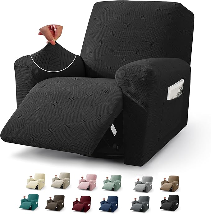 JIVINER Recliner Chair Covers, Jacquard 3 Piece Slipcovers for Recliner Chair Soft Stretch Lazy Boy 1 Seater Reclining Protector with Pockets (Recliner, Black)