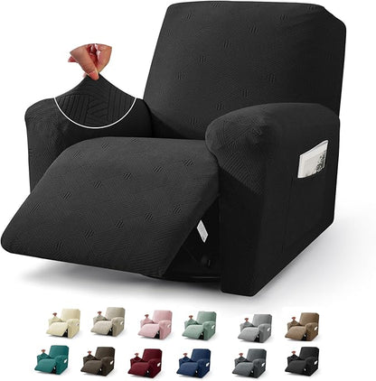 JIVINER Recliner Chair Covers, Jacquard 3 Piece Slipcovers for Recliner Chair Soft Stretch Lazy Boy 1 Seater Reclining Protector with Pockets (Recliner, Black)