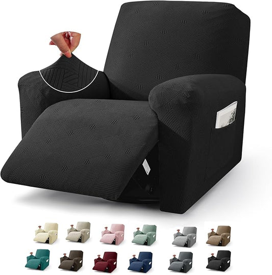 JIVINER Recliner Chair Covers, Jacquard 3 Piece Slipcovers for Recliner Chair Soft Stretch Lazy Boy 1 Seater Reclining Protector with Pockets (Recliner, Black)