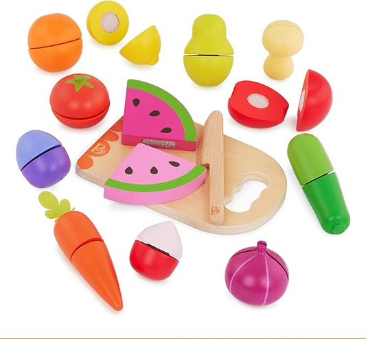 B. toys- Chop 'n' Play - Wooden Fruits & Veggies- Pretend Play Playset- Sliceable Play Food for Toddlers, Kids – Play Knife & Cutting Board – 2 Years +