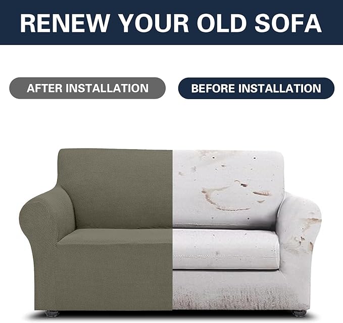 2025 New Stretch Loveseat Sofa Slipcovers Couch Cover for 2 Cushion Furniture Protector Sofa Covers with Elastic Bottom Jacquard Fabric Small Checks for Pets, Kids - Khaki