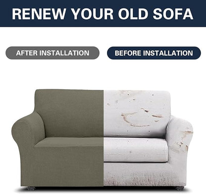 2025 New Stretch Loveseat Sofa Slipcovers Couch Cover for 2 Cushion Furniture Protector Sofa Covers with Elastic Bottom Jacquard Fabric Small Checks for Pets, Kids - Khaki