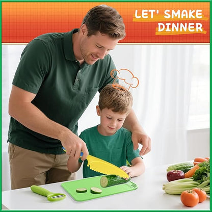 Kids Kitchen Knife Set for Real Cooking with Storage Box Green, Montessori Kitchen Toy with Cutting Board, Plastic Toddler Knives, Peeler, Wooden Safe Knife for Age 3 4 5 6 7 8