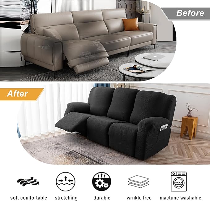 Genina Recliner Cover Stretch Couch Covers, Sofa slipcover for Reclining Couch Thick Jacquard Furniture Protector Washable (Black, 3 Seat)