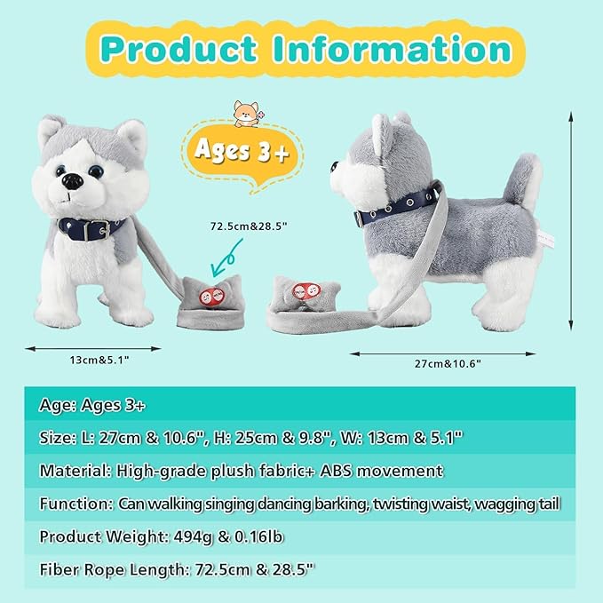 Marsjoy Husky Walking Dog Toy for Girls Barking Puppy with Control Leash, Realistic Wagging Tail Robot Interactive Musical Dancing Animated Plush Stuffed Animal Electronic Pet for Kids Toddlers