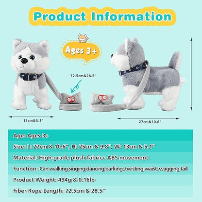 Marsjoy Husky Walking Dog Toy for Girls Barking Puppy with Control Leash, Realistic Wagging Tail Robot Interactive Musical Dancing Animated Plush Stuffed Animal Electronic Pet for Kids Toddlers