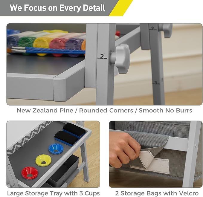 FUNLIO Anti-Warping Kids Art Easel, 3 Height Adjustable for Kids Aged 3-8, All-in-One Toddler Easel with Paper Roll & Erasable Frame, Standing Easel with Magnetic Chalkboard/Whiteboard (Gray)