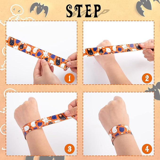 LovesTown Halloween Slap Bracelets, 48PCS Kids Slap Wristbands Snap Bracelets Ghost Jack o Lantern Bat Spider for Halloween Party Goodie Bag Fillers