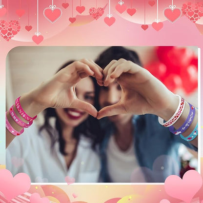 Wettarn 100 Pcs Valentines Silicone Wristband Happy Valentine's Day Wristbands Heart Rubber Bracelets Valentine's Day Party Favors Silicone Bracelets