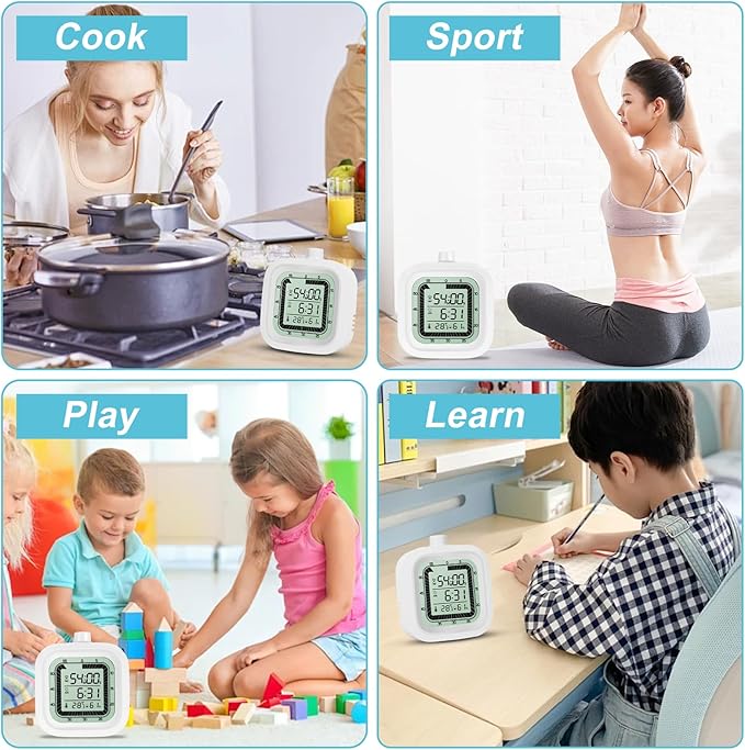 Visual Timer with Alarm Clock Countdown Count-up 1-60 Minutes Kitchen Timer Student Timer Bath Room Timer Clock Sports Timer time Manager with Digital Thermometer Hygrometer (White)