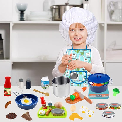 Pretend Play Kitchen Accessories Toys for Kids, Stainless Steel Play Pots and Pans Sets for Kids, Kids Kitchen Playset Accessories, Birthday Gift Toys for Girls Boys Ages 4 5 6 7 8