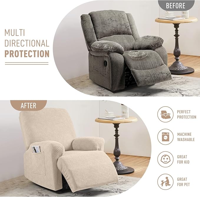 KinCam Recliner Covers, Stretch Reclining Chair Covers, Recliner Sofa Slipcovers Stripe Jacquard Recliner Couch Covers Furniture Protector Covers for Pet Kid (1 Seater, Vanilla)