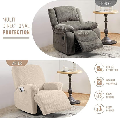 KinCam Recliner Covers, Stretch Reclining Chair Covers, Recliner Sofa Slipcovers Stripe Jacquard Recliner Couch Covers Furniture Protector Covers for Pet Kid (1 Seater, Vanilla)