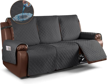 KinCam Waterproof Recliner Sofa Cover, Non-Slip Reclining Couch Covers for 3 Seat, Recliner Couch Cover Furniture Protector with Elastic Straps for Pets, Kids, Charcoal Gray