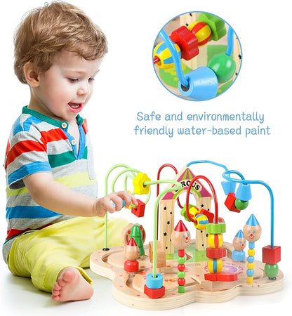 Joqutoys First Bead Maze Toy for Toddlers 1-3(Large), Wooden Colorful Circus Roller Coaster Circle Toys for Babies - Bead Maze Activity Cube Educational Toys First Birthday Gifts for Boys Girls