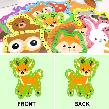 Omlisca Woodland Animals Lacing Cards 12 Pack Forest Animals Sewing Cards Owl Fox Bear Woodland Theme Party Decor Arts and Crafts Gifts for Kids Toddler Preschool Developing Imagination Supplies