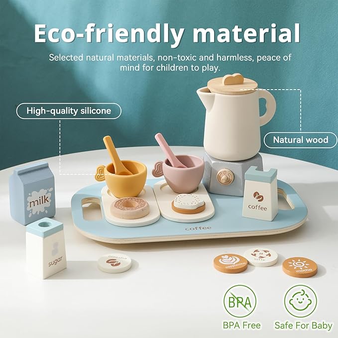 Tea Party Set for Kids, Wooden Tea Set for Little Girls and Boys, Kids Play Kitchen Accessories Toy Tea Set for Toddler, Pretend Play Toddler Tea Set Ideal Gift (Light Blue Coffee Tea Set)