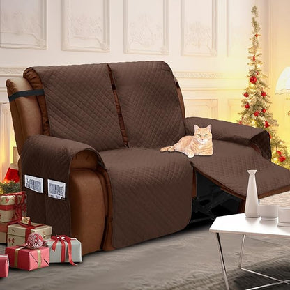 XINEAGE Water Resistant Recliner Cover, 2 seat Recliner Loveseat Covers with Pockets, Quilted Thick Recliner Protector Cover for Dog Pets with Non Slip Backing and Strap (Recliner Loveseat, Coffee)