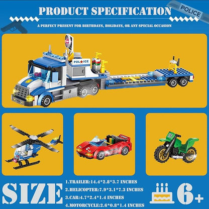 City Police Car, Motorcycle,Truck and Trailer&Helicopter Building Block Sets(509pcs),Police Chase Toy Set,Gift for Kids and audlts