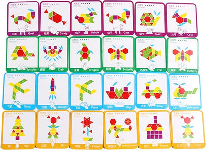 Set of 155 Wooden Pattern Blocks Geometric Manipulative Shape Puzzle Kindergarten Graphical Classic Educational Montessori Tangram Toys for Kids Ages 3+ Jigsaw Puzzles Gift with 24 Pcs Design Cards