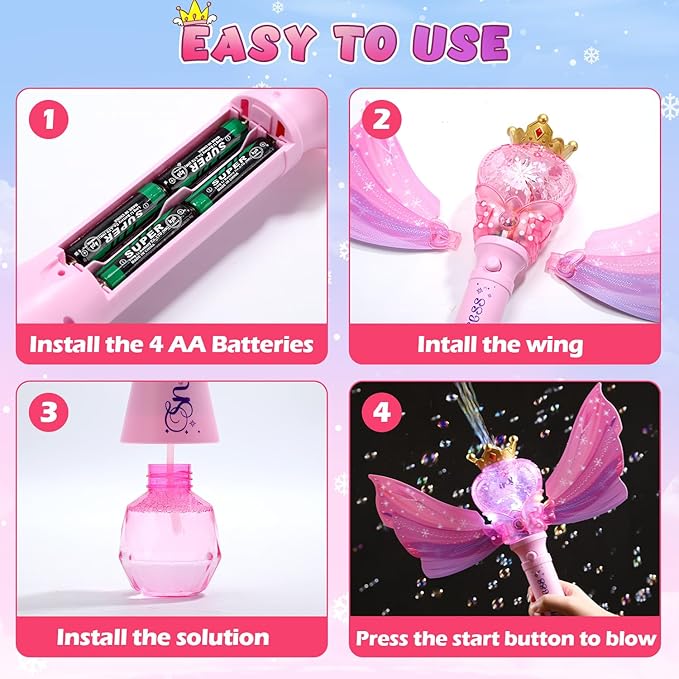 EagleStone Princess Bubble Wand for Kids Girls with LED Lights & Music, Fairy Bubble Machine Toy with 4 Bubble Solutions, Outdoor Bubble Toys for Toddlers Aged 3 4 5 6 7 8, Birthday Gift for Girls
