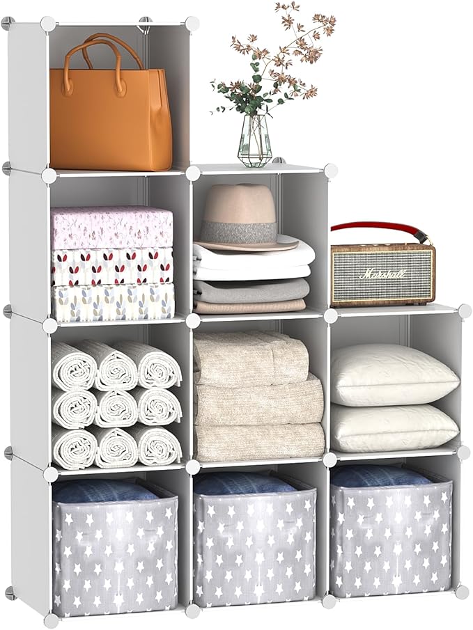 C&AHOME Cube Storage, 9-Cube Bookshelf, Plastic Closet Cabinet Organizer, DIY Stackable Bookcase, Modular Shelving Units Ideal for Home, Office, Kids Room, 36.6" L x 12.4" W x 48.4" H Milky UPCS09M