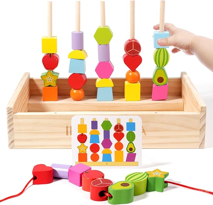INIFEIDALA Toddler Learning Montessori Toys for 3 4 5 6 Year Old,Rainbow Stacking & Lacing Beads & Matching Shape Stacker - Wooden Peg Board Beads Sequencing Toy Set - Fine Motor Skills Toys