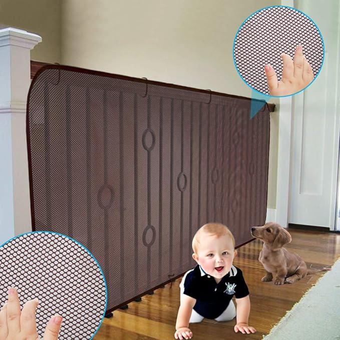 Child Safety Net - 10ft L x 2.5ft H, Balcony, Patios and Railing Stairs Netting, Safe Rail Net for Kids/Pet/Toy, Sturdy Mesh Fabric Material (Brown)