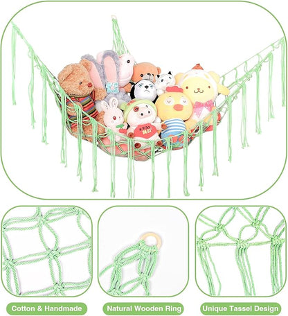 Boho Stuffed Animals Net or Hammock Large,55 inch Toy Hammock Macrame Stuff Animal Storage Corner Hanging Net Holder,Mesh Hammock Plush Toy Organizer with Hooks for Bedroom,Nursery (Deep Green)