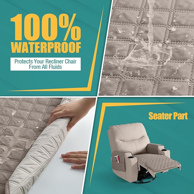 Ruaozz Waterproof Recliner Chair Covers Non Slip Chair Covers Washable Recliner Covers for Reclining Chair with Pockets Covers for Recliner Chair for Pets, Kids (Khaki, Medium-25'')