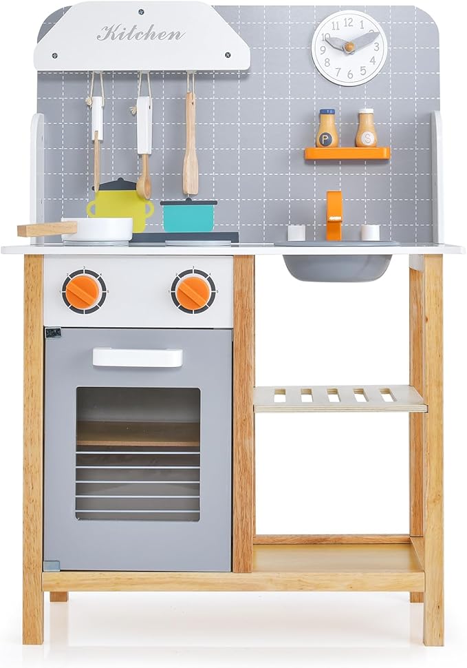 HONEY JOY Kids Kitchen Playset, Toddler Wooden Play Kitchen Set w/Sink, Stove & Oven, Cooking Accessories, Large Storage Cabinet, Little Chef Pretend Play Toy Kitchen Set, Gift for Boys Girls, Gray