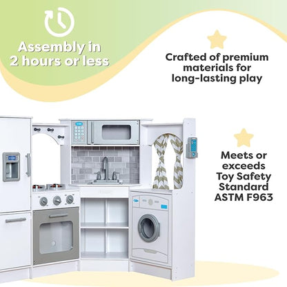 KidKraft Ultimate Corner Wooden Play Kitchen with Lights & Sounds, Play Phone and Curtains, White