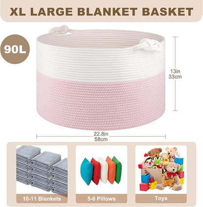 OIASKET Large Blanket Storage Basket for Living Room, 22.8" x 22.8" x 13" Woven Cotton Rope Basket with Handles, Baby Toy Storage, Laundry Hamper for Clothes, Pillows, Towels-Pink and White