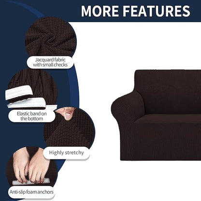 2025 New Stretch Loveseat Sofa Slipcovers Couch Cover for 2 Cushion Furniture Protector Sofa Covers with Elastic Bottom Jacquard Fabric Small Checks for Pets, Kids - Chocolate