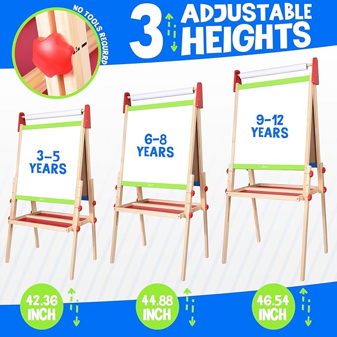 Joyooss Easel for Kids Easel, Wooden Easel Whiteboard & Chalkboard Easel, Foldable Height Adjustable Double Sided Toddler Art Easel Kids, Art Easel for Kids Age 4-8 9-12 Magnetic Board for Kids Easel