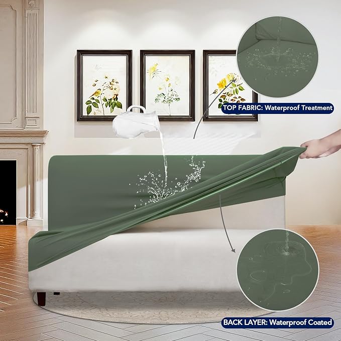 PureFit 100% Dual Waterproof Futon Cover, Waterproof Couch Cover for Futon - Stretch Non Slip Fleece Sofa Covers Washable, Leakproof Furniture Protector for Kids, Pets, Dog (Futon, Grayish Green)