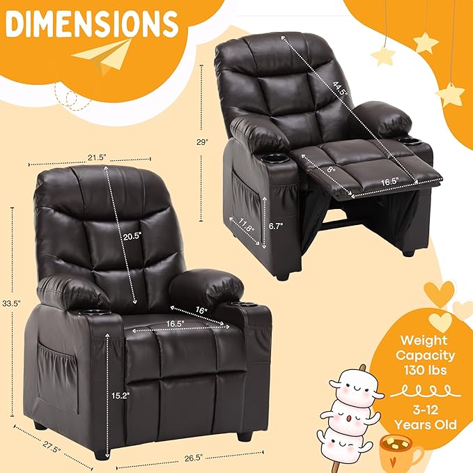 Marshmallow Larger Kids Reclining Chair Leather Recliner Sofa Children Ages 3-12