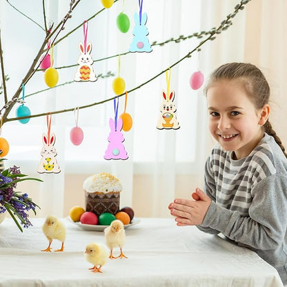 24 Pack Wooden Easter Bunny Craft for Kids Make You Own Easter Rabbit Hanging Ornaments DIY Easter Art and Craft for Girls Boys Art Project Easter Gifts Easter Decoration