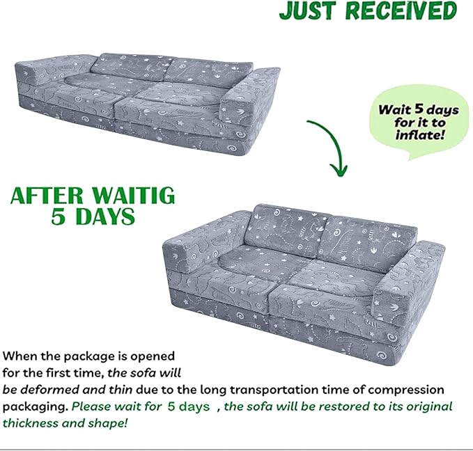 MeMoreCool 10-Piece Kids Couch, Modular Kids Sofa for Playroom, Fold Out Play Couch for Girl Boy, Glow Dino