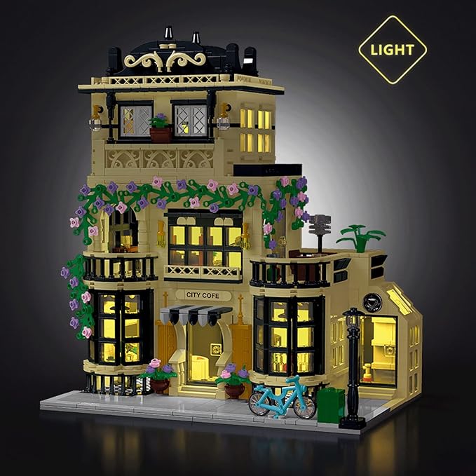 City Cafe Architecture Building Kit with LED Lights,3 Levels City Cafe Model Building Blocks Toy,for 12+Age Teen,Adult（1443 Pieces）