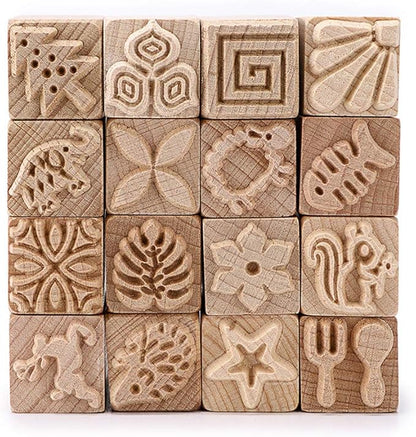 OwnMy Set of 16 Clay Modeling Pattern Stamp Kit, Wooden Clay Pottery Stamps Pottery Tool Wood Block Stamp, Clay Rolling Pin Textured Hand Roller Wooden Handle Pottery Tools Set