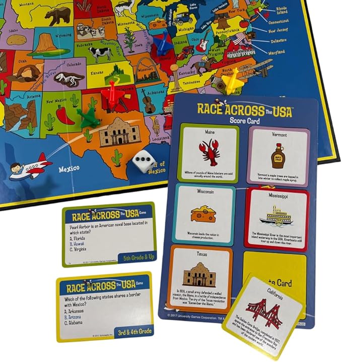 University Games, Scholastic Race Across the USA Board Game , Geography Learning Game for Kids and Families, for 2 to 4 Players Ages 8 and Up