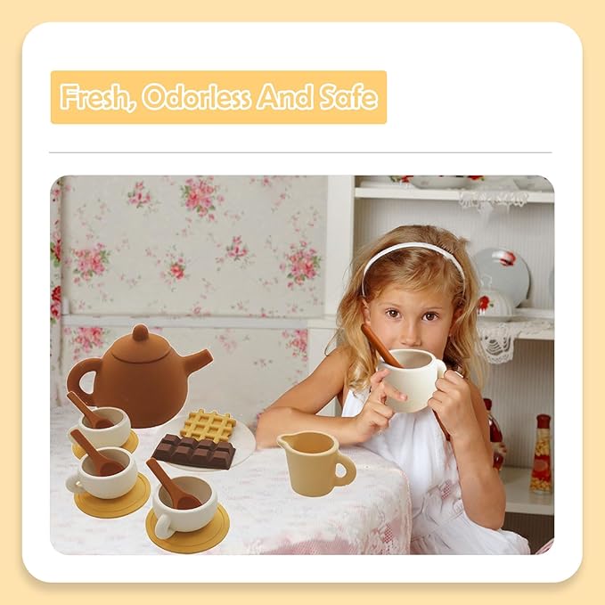 Silicone Tea Party Set, Silicone Tea Set for Kids with Play Food(Chocolate and Waffles), Pretend Play Kitchen Accessories(Brown)