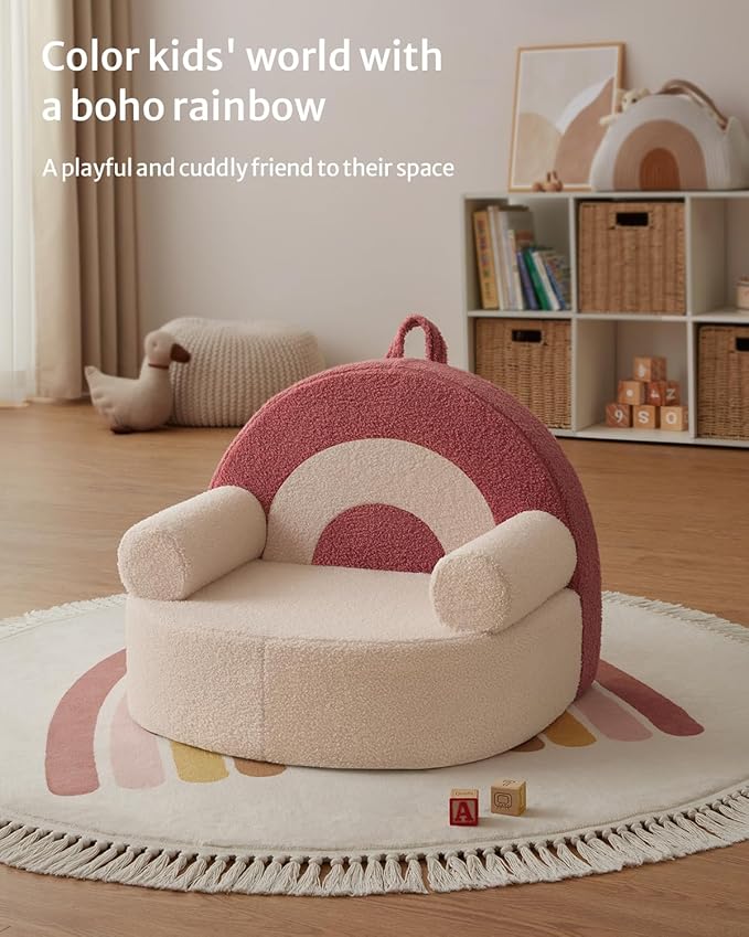 Blissful Diary Toddler Chair Comfy, Foam Kids Chair with Soft Teddy Plush, Toddler Reading Armchair with Cute Rainbow Designs- Light Cream