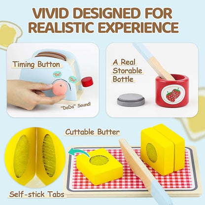 Airlab Play Kitchen Accessories Toddlers 1-3 Wooden Pop-up Toaster Toy Play Food Kids Age 1 2 3, Bread, Butter, Poached Egg Cutting Pretend Toys for 2-4 Year Old Toddlers Boys Girls
