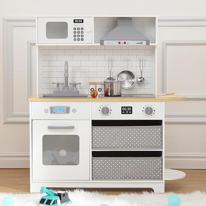 Play Kitchen for Kids, Wooden Kitchen Toy Playset with Stove, Oven, Sink and 17 Pcs Toy Food & Cookware Acces, Pretend Play Kitchen with 2 Fabric Drawers for Toddlers, Preschoolers Age 3+ Years, White