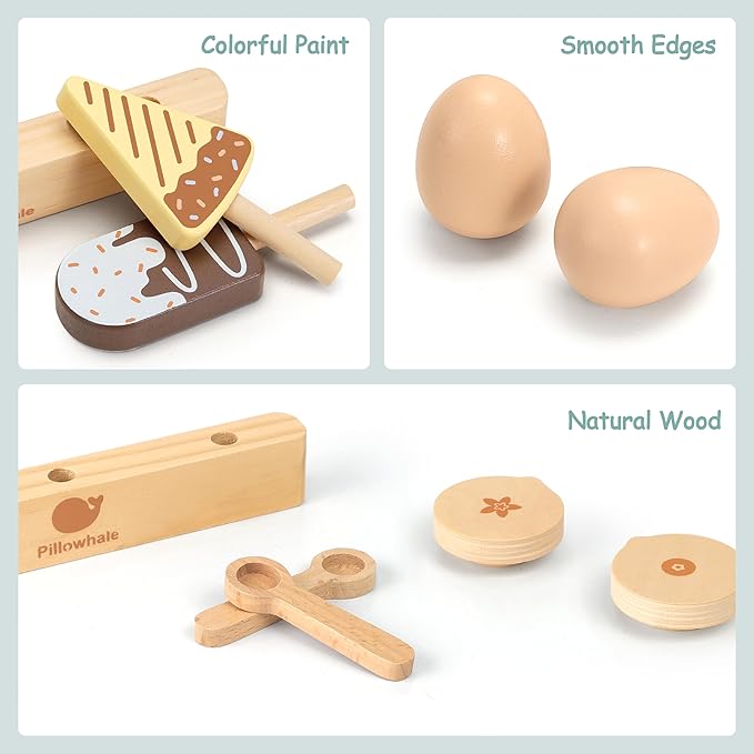 Pillowahle Wooden Play Food for Toddler 3+ Year Old, Kid Toy Food, Pretend Food with Milk Yogurt Egg Ice Cream Toy, Kids Play Kitchen Accessories, Gift for Boys Girls